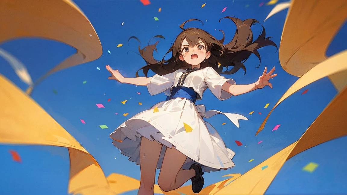 ((Highest quality)), ((masterpiece)), ((Very detailed)),Floatingする***,Angry expression，floating，Floating，Confetti，Brown Hair,tears,Levitating,Blue sky background,Feet in the air,tears,gravity,Long skirt,loafers,Raise both hands