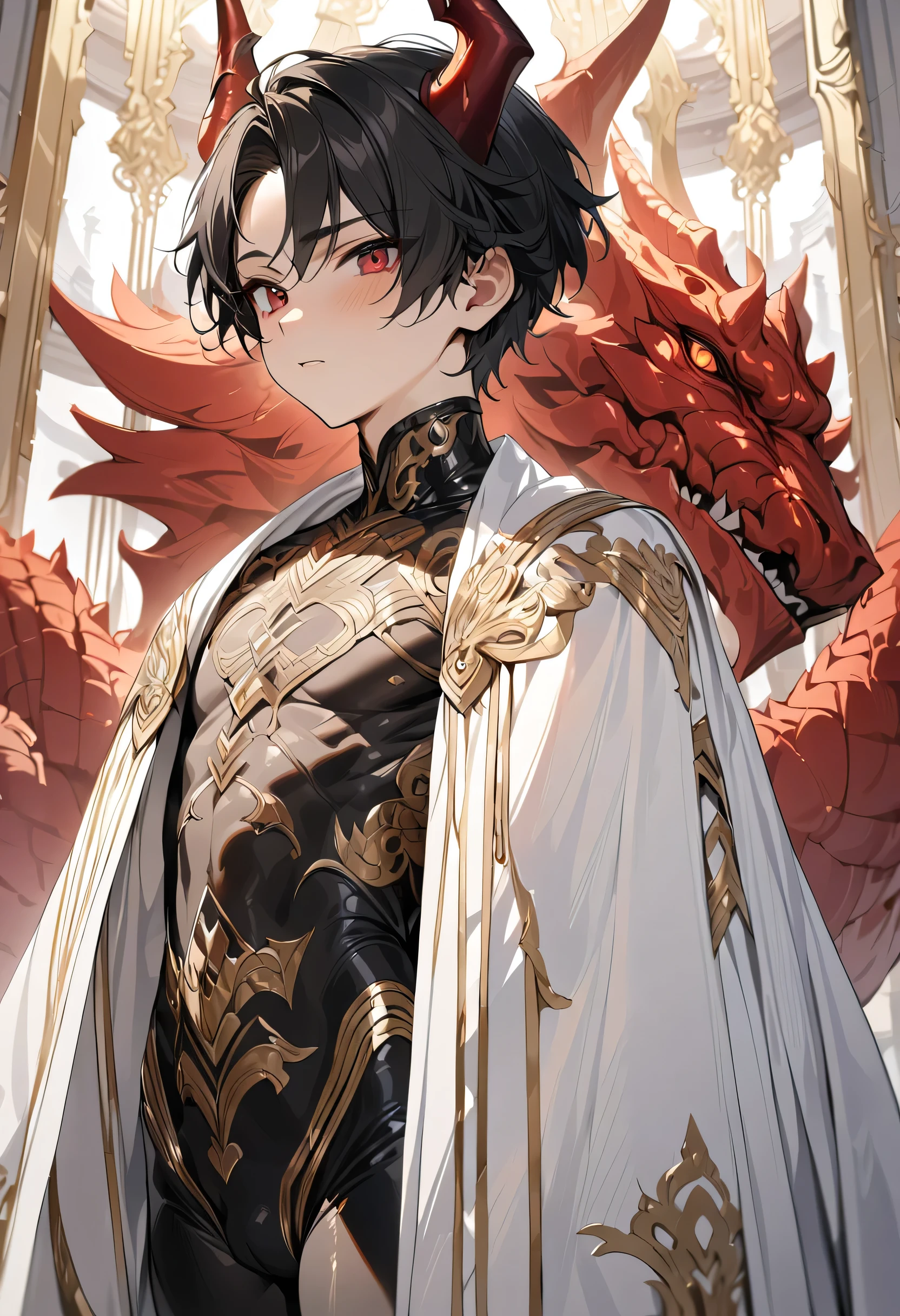 high quality,(best quality,4K,a high resolution,masterpiece:1.2),super detailed,(1 boy),(solo),juvenile,(Male juvenile),handsome and cute boy,black hair, Red dragon horn,black bodysuit with golden pattern,red eyes,Single photo,the white temple of light,magnificent palace background,Wearing a white cape behind