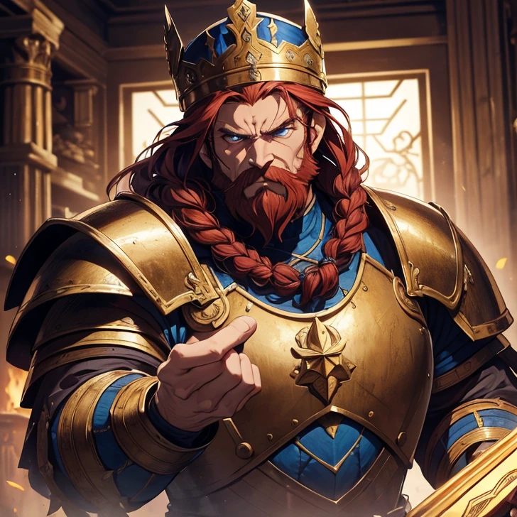 (absurdres, high fantasy artwork, best high quality image, carefuly detailed, very detailed features and textures) full body view solo character
150 years old barbarian old man, short curly red hair, blue eyes, red beard tied in two braids, muscular body covered in full steel bulky big heavy armor, (full steel paladin armor, blue armor, golden short crown)
Angry face, holding a big warhammer with his right arm
British field yard with ancient greek forniture and celtic forniture