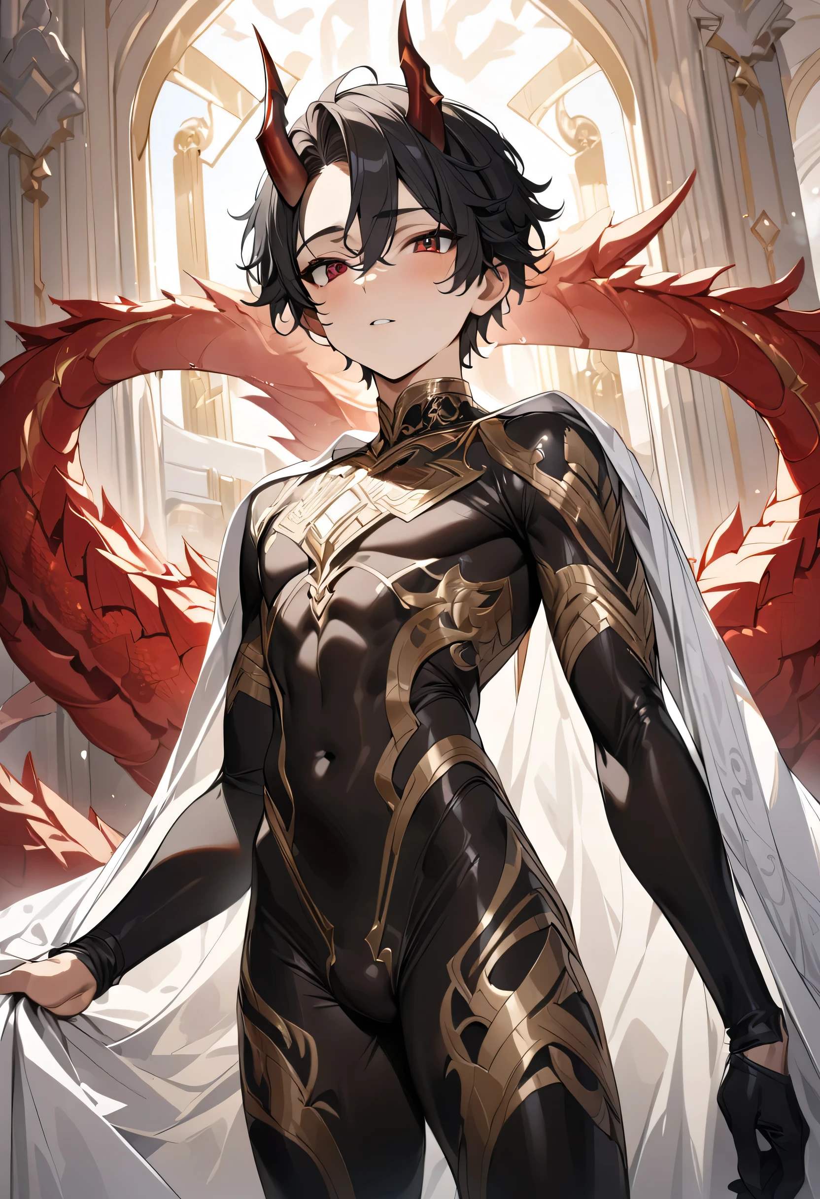 high quality,(best quality,4K,a high resolution,masterpiece:1.2),super detailed,(1 boy),(solo),juvenile,(Male juvenile),handsome and cute boy,black hair, Red dragon horn,black bodysuit with golden pattern,red eyes,Single photo,the white temple of light,magnificent palace background,Wearing a white cape behind