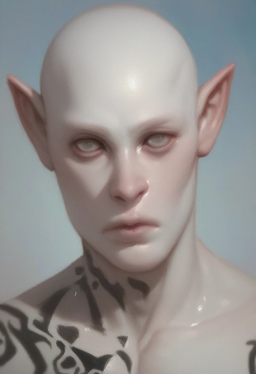 score_9, score_8_up, score_7_up, Portrait of a young male albino elf, with bald head and black tattoos and eye, oil painting, close to face, portrait, teenager, albino, white skin