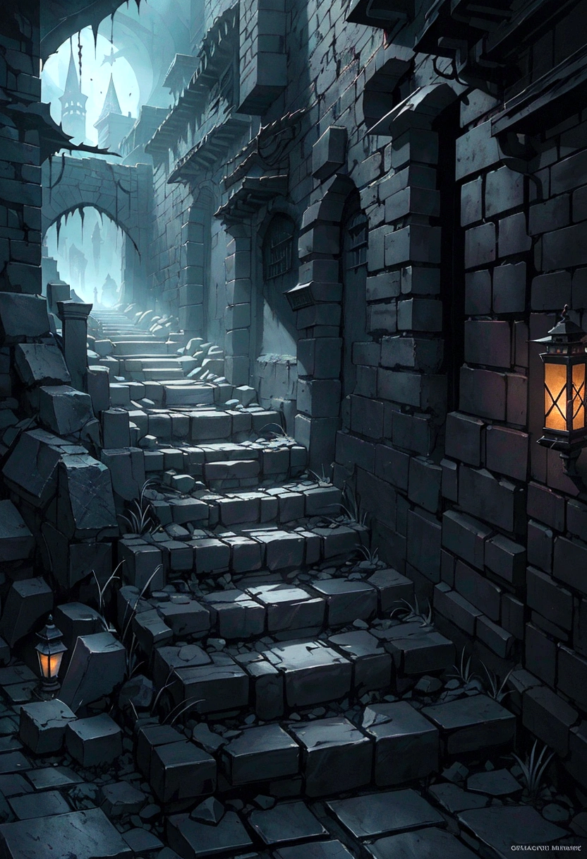 arafed stone steps leading up to a dark alley with a lantern lit building, photorealistic dark concept art, dark fantasy environment, highly realistic concept art, dramatic lighting. concept art, dark souls concept art, dark fantasy setting, medieval concept art, dark fantasy concept art, dark cinematic concept art, bloodborne concept art, dark abandoned city streets, dark alleyway