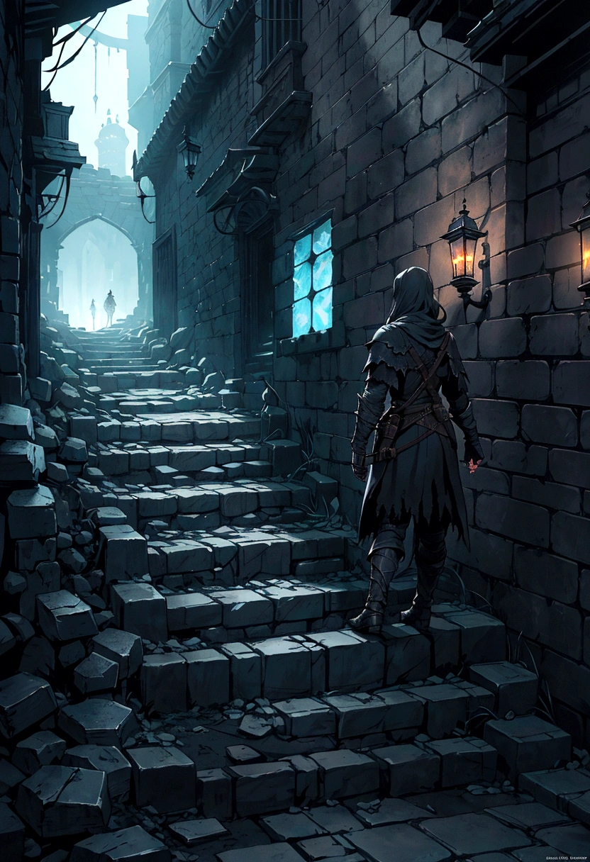 arafed stone steps leading up to a dark alley with a lantern lit building, photorealistic dark concept art, dark fantasy environment, highly realistic concept art, dramatic lighting. concept art, dark souls concept art, dark fantasy setting, medieval concept art, dark fantasy concept art, dark cinematic concept art, bloodborne concept art, dark abandoned city streets, dark alleyway