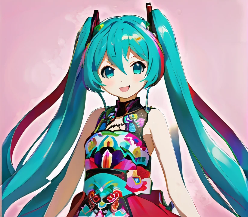 Hatsune Miku, colorful Mexican dress, half body, smiling,  , dynamic pose,,  art, by pluma de genio,