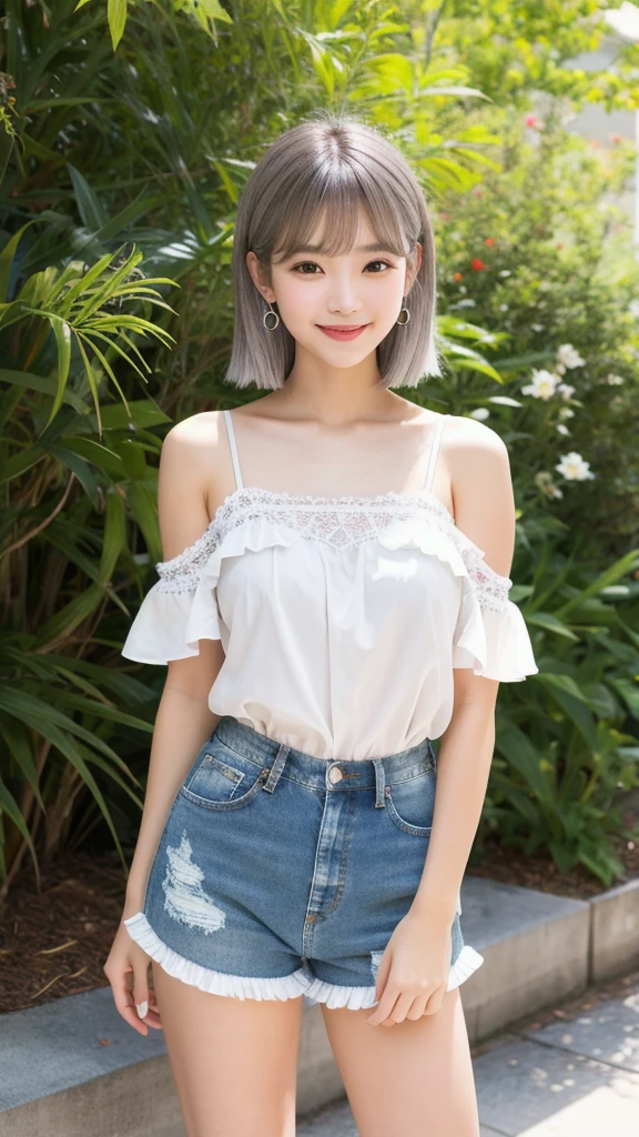 (8K, Realistic, RAW Photos, Highest quality: 1.4, detailed),Japanese idol-style beautiful girl,1 person,18-year-old,(Short Bob),(Silver Hair :1.1),She has her hair tucked behind her ears,Large, clear grey eyes,Long eyelashes,(piercings(small)),(Lip gloss),lips(Plump,glossy),thin long neck,Thin and delicate shoulders,Frill lace camisole,Denim shorts,Looking at the camera and smiling gently,Front view,Full body portrait