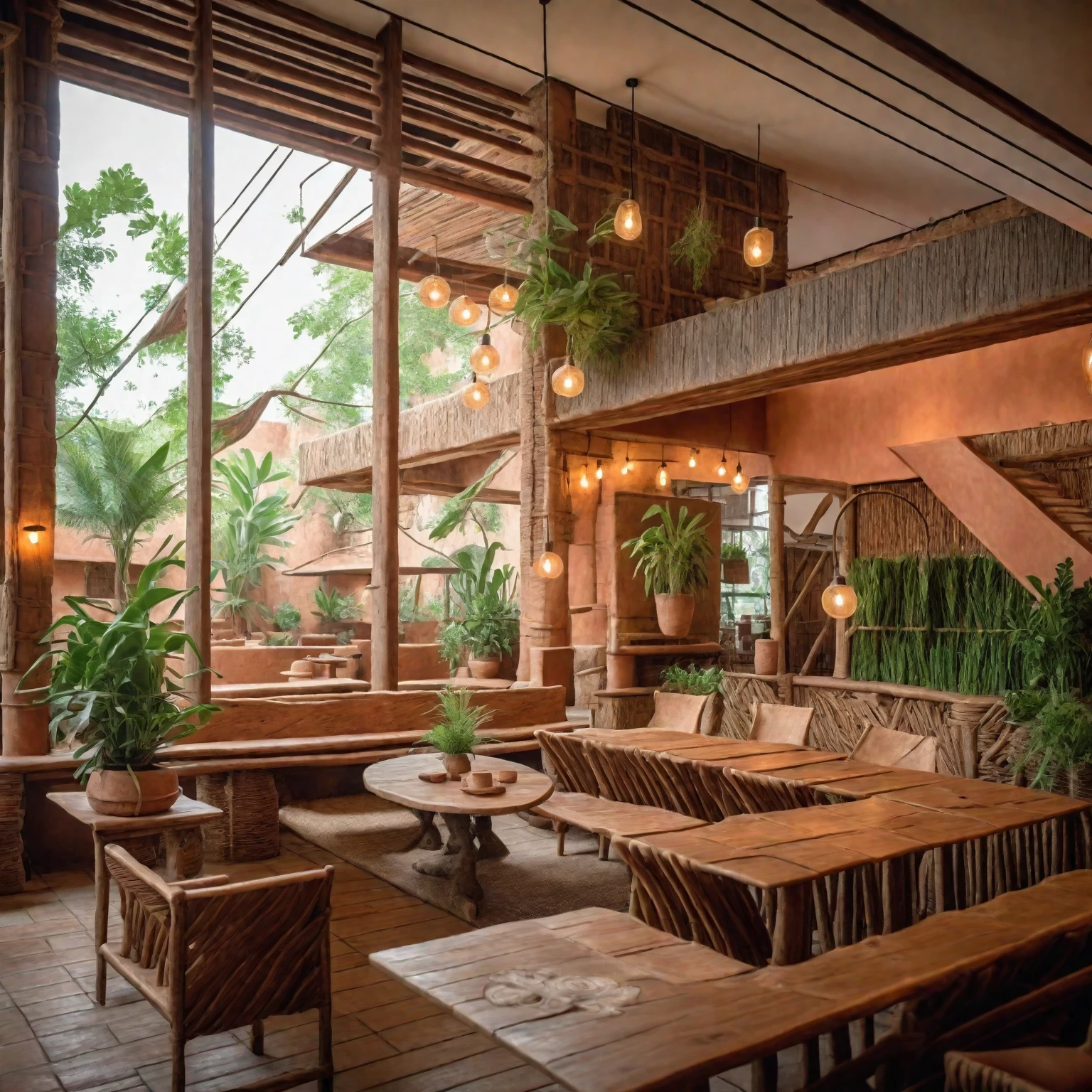 Restaurant interior, clay walls, natural clay columns, rustic wooden tables, rustic chairs, handcrafted look, natural textures, soft lighting, clay pendant lights, potted plants, greenery, cozy, welcoming,  masterpiece, (realistic:1.2) 8k uhd, dslr, soft lighting, high quality