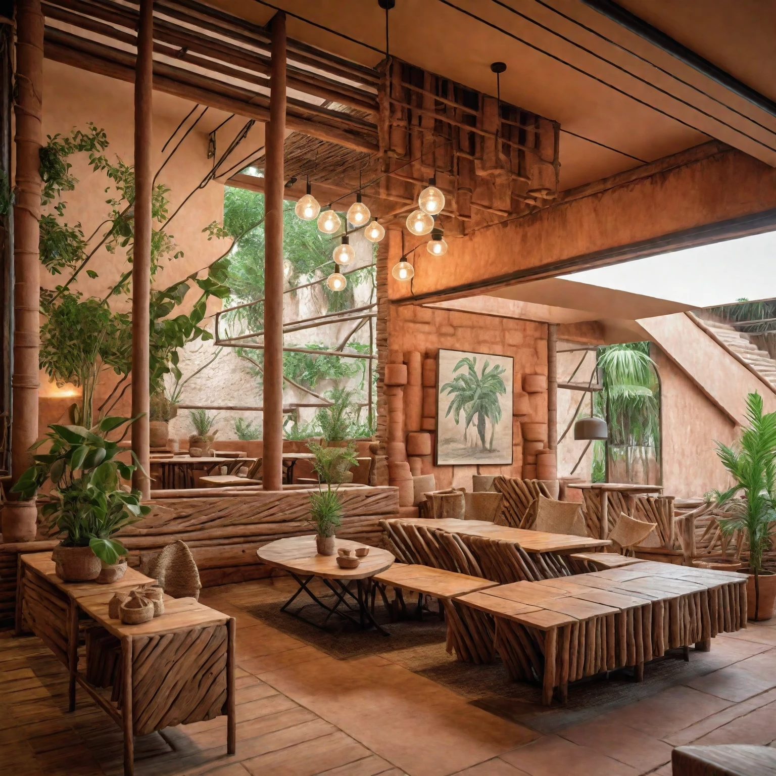 Restaurant interior, clay walls, natural clay columns, rustic wooden tables, rustic chairs, handcrafted look, natural textures, soft lighting, clay pendant lights, potted plants, greenery, cozy, welcoming,  masterpiece, (realistic:1.2) 8k uhd, dslr, soft lighting, high quality