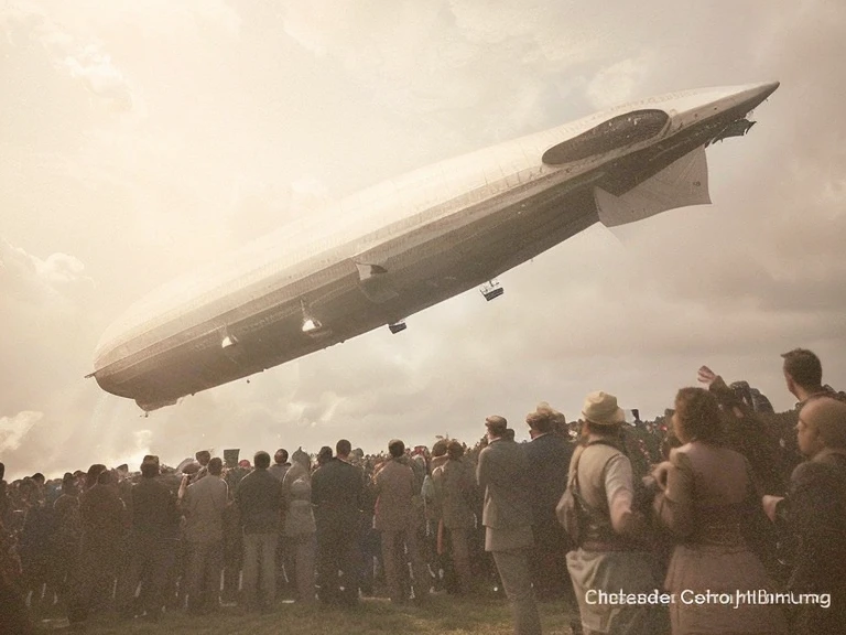 A massive zeppelin airship, the Hindenburg, majestically soaring over a crowd of awestruck spectators, dramatic clouds in the sky, cinematic lighting, hyperrealistic, photorealistic, 8K, HDR, physically-based rendering, dramatic sky, stunning details, intricate textures, mesmerizing atmosphere, vibrant colors, chiaroscuro lighting, masterpiece