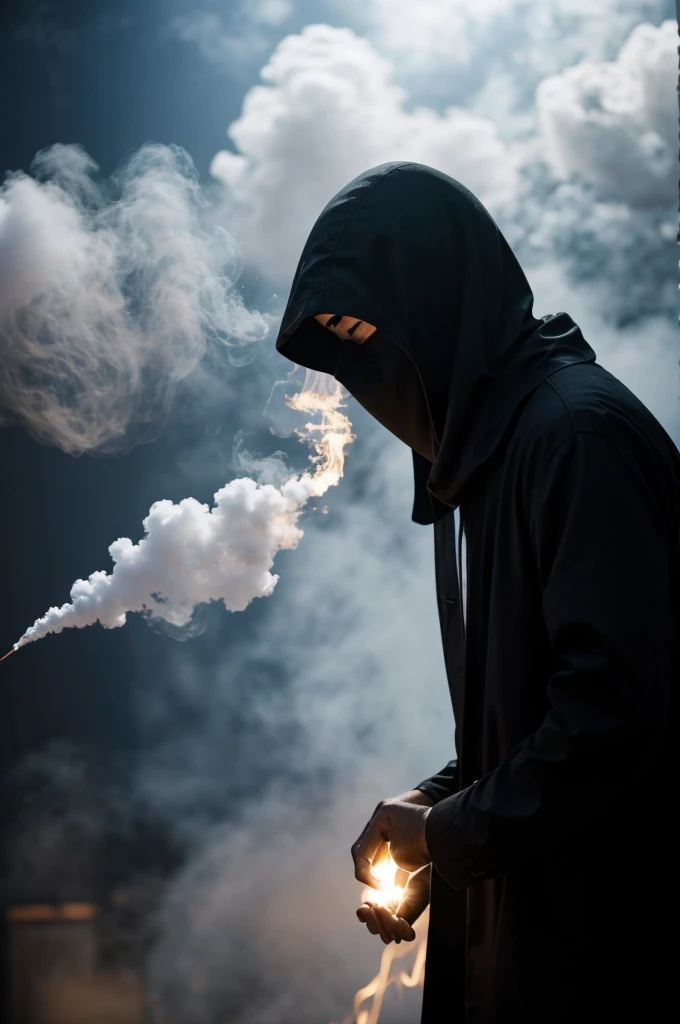 an ominous shadowy figure shrouded by white magician smoke.