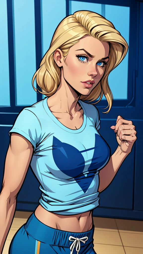 woman thin, pans jogger, blondy hair, blue eyes, Blue low-cut t-shirt. Comic style.