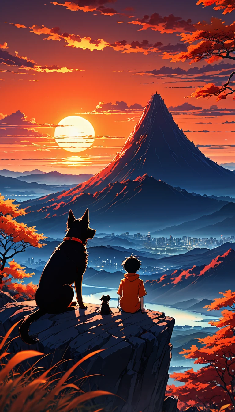 high quality, 8K Ultra HD, great detail, masterpiece, an anime style digital illustration, anime landscape of a young boy with his dog sitting on a high hill looking at a hellish orange and red sunset, anime nature wallpapers with serene sky, beautiful anime scene, beautiful anime peace scene, Makoto Shinkai Cyril Rolando, beautiful anime scene, amazing wallpaper, 8k anime art wallpaper, anime background, artistic anime background, wallpaper 4k anime, 4k anime art wallpaper, 4k anime art wallpaper,