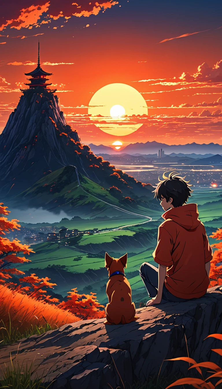 high quality, 8K Ultra HD, great detail, masterpiece, an anime style digital illustration, anime landscape of a young boy with his dog sitting on a high hill looking at a hellish orange and red sunset, anime nature wallpapers with serene sky, beautiful anime scene, beautiful anime peace scene, Makoto Shinkai Cyril Rolando, beautiful anime scene, amazing wallpaper, 8k anime art wallpaper, anime background, artistic anime background, wallpaper 4k anime, 4k anime art wallpaper, 4k anime art wallpaper,