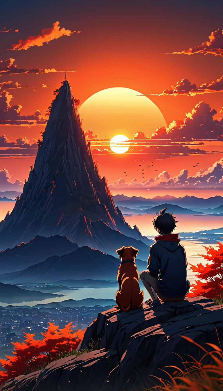 high quality, 8K Ultra HD, great detail, masterpiece, an anime style digital illustration, anime landscape of a young boy with his dog sitting on a high hill looking at a hellish orange and red sunset, anime nature wallpapers with serene sky, beautiful anime scene, beautiful anime peace scene, Makoto Shinkai Cyril Rolando, beautiful anime scene, amazing wallpaper, 8k anime art wallpaper, anime background, artistic anime background, wallpaper 4k anime, 4k anime art wallpaper, 4k anime art wallpaper,