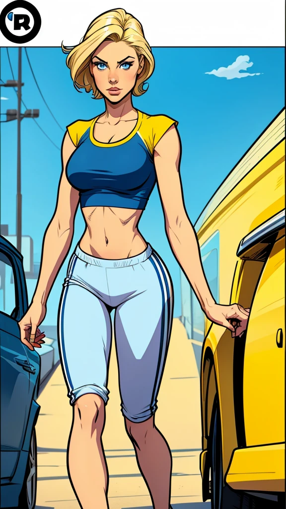 woman thin, pans jogger, blondy hair, blue eyes, Yellow top. Comic style