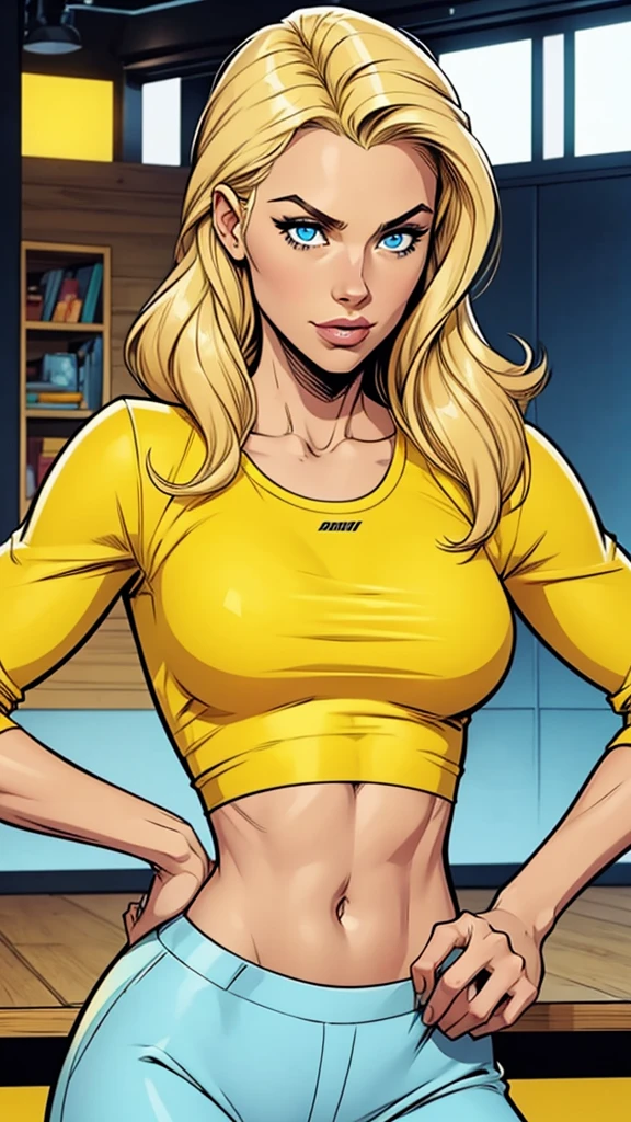woman thin, pans jogger, blondy hair, blue eyes, Yellow top. Comic style