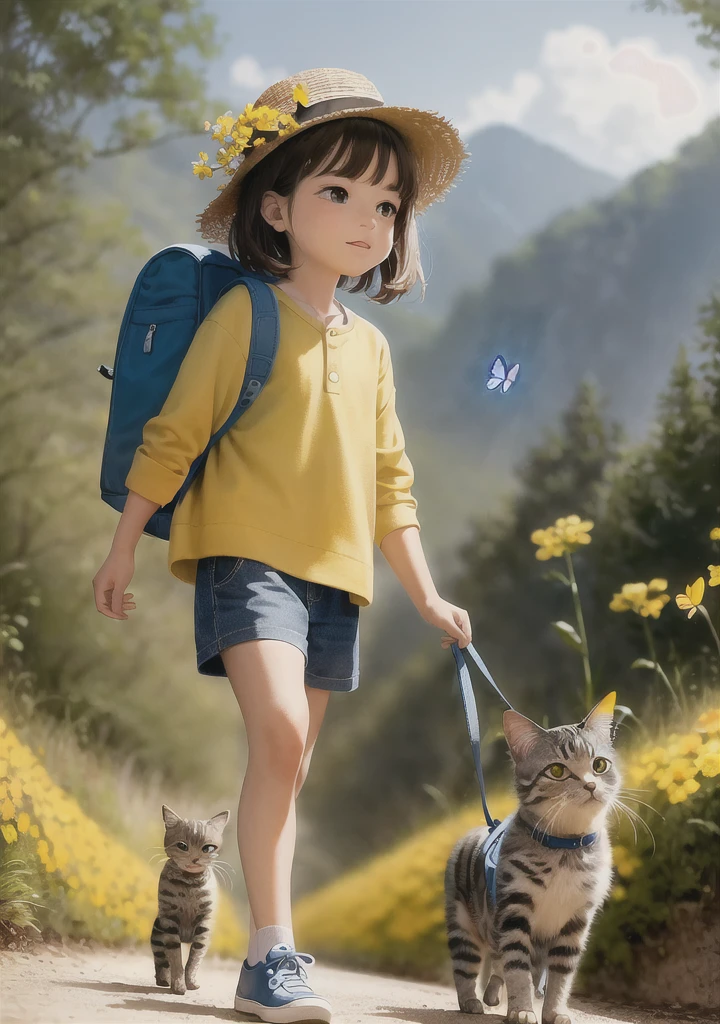 An incredibly charming man carrying a backpack, accompanied by her adorable kitten, enjoying a beautiful spring walk surrounded by beautiful yellow flowers and natural scenery. The illustration is in high definition with 4k resolution, with highly detailed facial features and cartoon-style visuals, (butterfly dance)