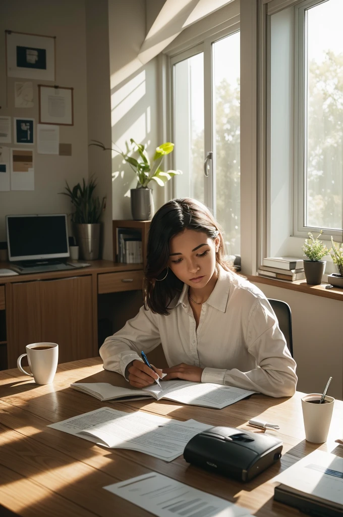 "Describe a scene where a person is sitting at a table, surrounded by stacks of papers, a computer and a cup of coffee. The person is concentrated and focused on their work, with a given expression. Sunlight streams in through the window, illuminating the environment in an inspiring way. This image represents productivity and commitment to achieving goals."