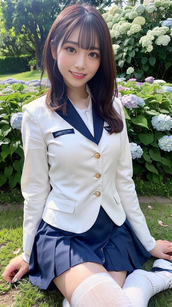 (8k, Raw photo, highest quality, masterpiece:1.2), masterpiece, highest quality, figure, Very detailed, Fine details, High resolution, 8k,wallpaper, Perfect dynamic composition,(Detailed high quality, Realistic depiction of eyes:1.15), (1 high school girl)、 (uniform、blazer 、Super Short Check Uniform Skirt、Navy blue knee-high socks、Disheveled uniform:1.2), Short Bob Hair, Black hair color, hugeな胸, Big Natural Color Lip, Bold sexy pose, (Perfect figure), Cold Stare,  Beautiful Makeup,Glitter makeup,The cutest 18 year old, Beautiful feet, Gravure idol pose, Voluptuous thighs、((Big eyes that shine like jewels))、Glossy glossy skin、(Droopy big eyes, Natural Makeup、Ultra-high definition beauty face:1.35)、(Ultra high resolution perfect beautiful teeth, Mid-chest, Tight waist, toothy big smile,duck mouth,Dimples,medium breasts,slender waist:1.25)、Young and cute gravure idol、(sitting with spreading legs in the field of hydrangeas:1.25)、