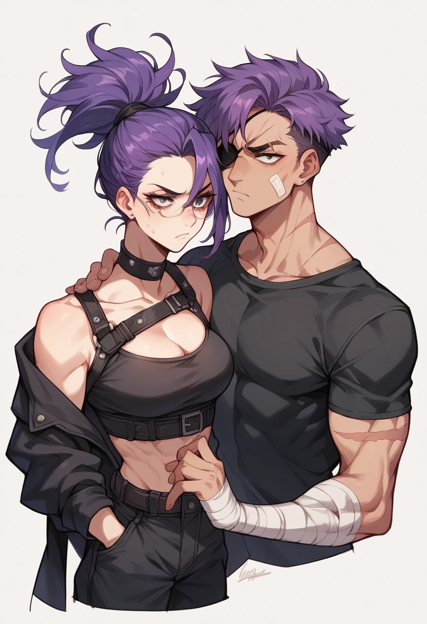 A tall and serious girl with purple hair and one black eye. The other side has an eye patch. wear glasses on head and had many scars, was dressed in black, and had bandages on his hands 