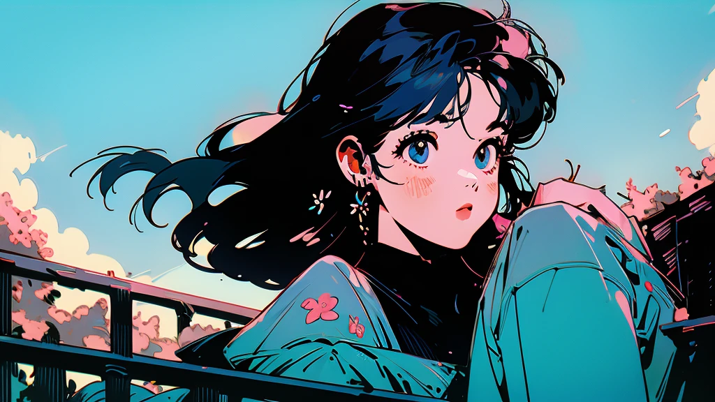 Beautiful flowers are blooming、One cool woman、Looking straight at the camera、The blue sky is spreading