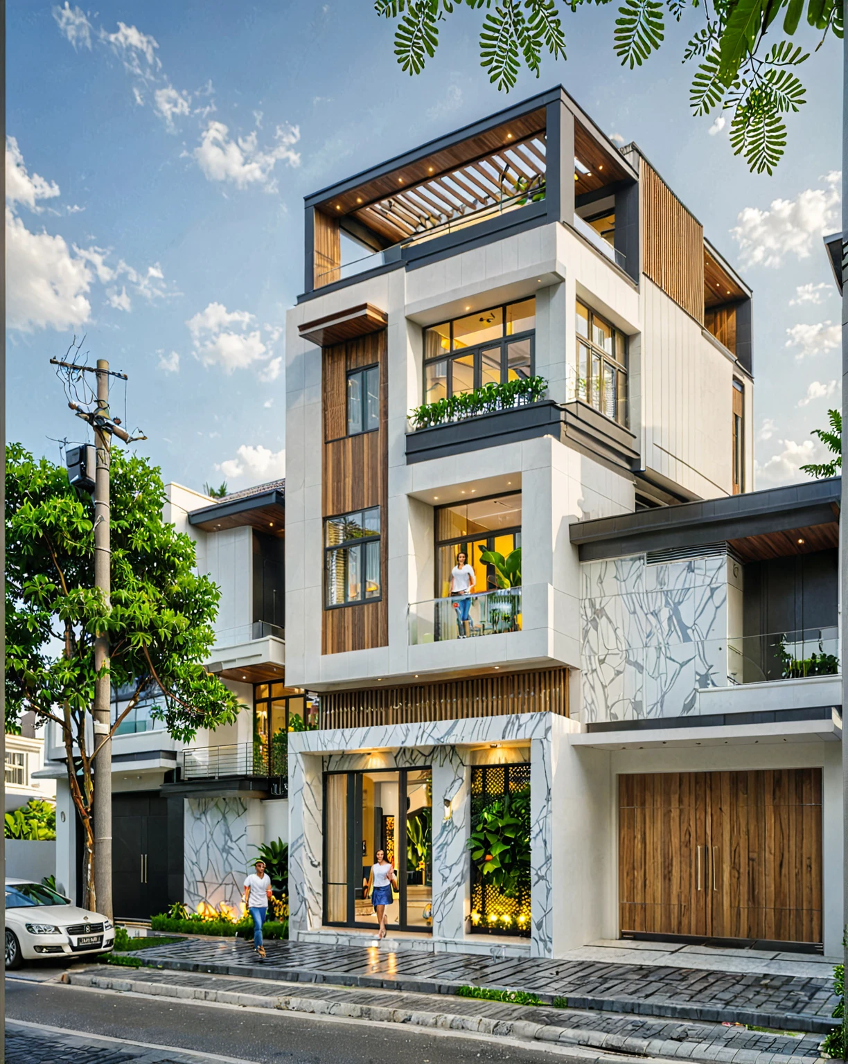 modern villa on street, (daylight), tropical tree, vivid colour, streetcapes, white tone, white wall, large glass door, warm interior lighting, wood and marble, best quality, 17ArchiAI_XL_VL-v1