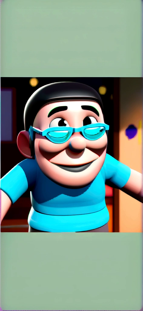 Cartoon character of a man in black glasses and blue shirt, an animated character, stylized character, animation style rendering, 3d stylized, Arnold Maya rendering, Stylized 3D rendering, toon render screenshot, 3d character, 3d character, Stylized 3D rendering, 3D character rendering, cartoon character, Personagem de close up, character posing, (Pixar-style) (master part:1.2) (bokeh) (best qualityer) (skin detailed) (detailed texture) (8K) (Argilla) (cinematic lighting) (sharp focus，Sit down and lift your upper body