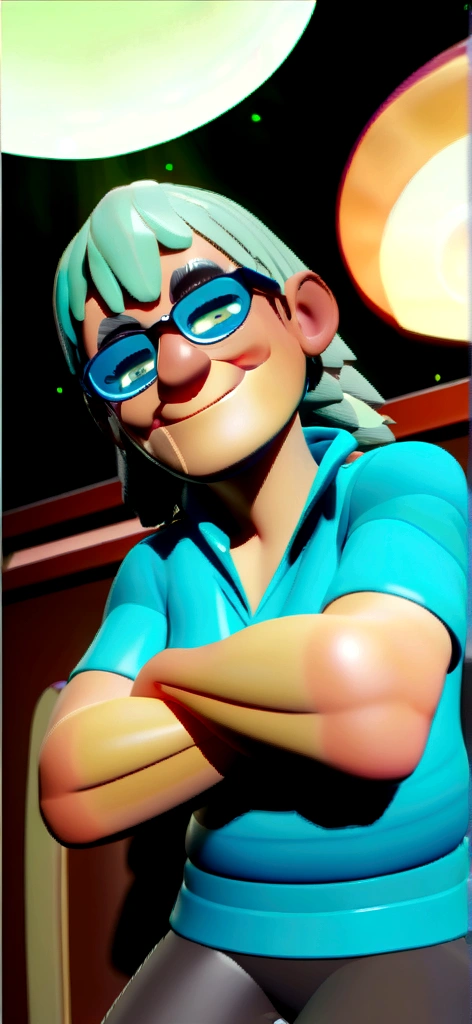 Cartoon character of a man in black glasses and blue shirt, an animated character, stylized character, animation style rendering, 3d stylized, Arnold Maya rendering, Stylized 3D rendering, toon render screenshot, 3d character, 3d character, Stylized 3D rendering, 3D character rendering, cartoon character, Personagem de close up, character posing, (Pixar-style) (master part:1.2) (bokeh) (best qualityer) (skin detailed) (detailed texture) (8K) (Argilla) (cinematic lighting) (sharp focus,Sit down and lift your upper body