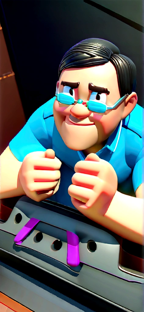 Cartoon character of a man in black glasses and blue shirt, an animated character, stylized character, animation style rendering, 3d stylized, Arnold Maya rendering, Stylized 3D rendering, toon render screenshot, 3d character, 3d character, Stylized 3D rendering, 3D character rendering, cartoon character, Personagem de close up, character posing, (Pixar-style) (master part:1.2) (bokeh) (best qualityer) (skin detailed) (detailed texture) (8K) (Argilla) (cinematic lighting) (sharp focus,Sit down and lift your upper body