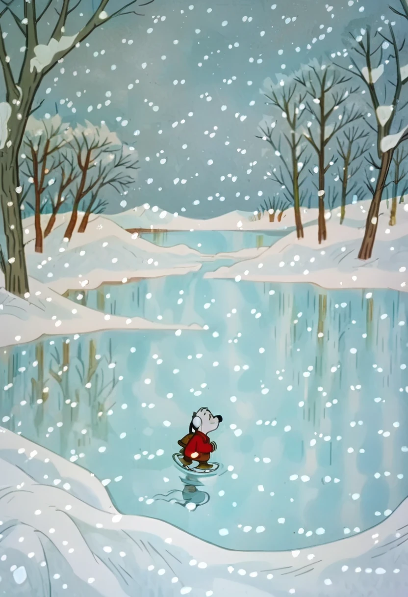 score_9, score_8_up, score_7_up, zPDXL, PeanutsStyle, traditional media, retro artstyle, 2D, snow, ???? tree, outdoors, no humans, scenery, winter, sky, snowing