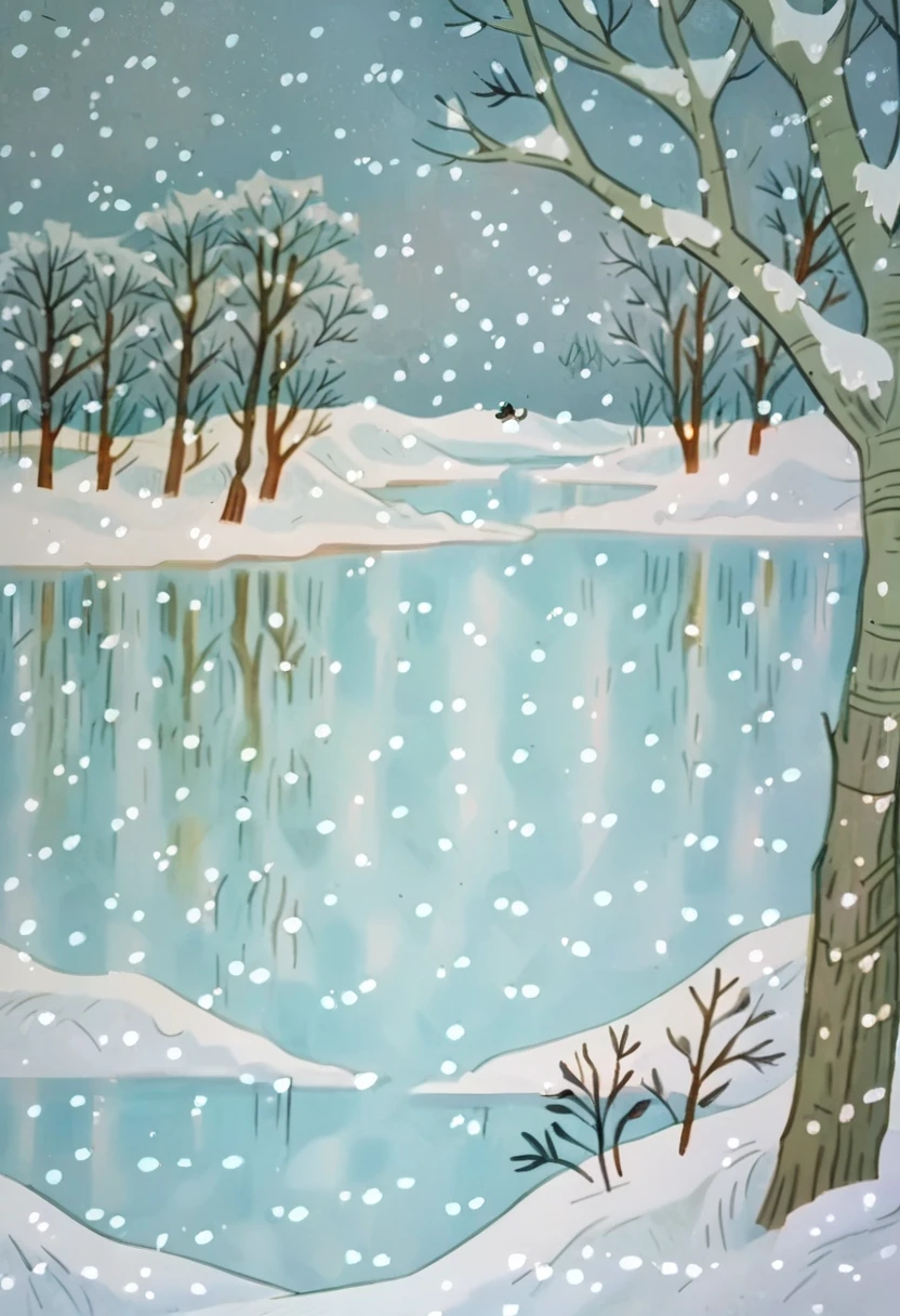 score_9, score_8_up, score_7_up, zPDXL, PeanutsStyle, traditional media, retro artstyle, 2D, snow, bare tree, outdoors, no humans, scenery, winter, sky, snowing