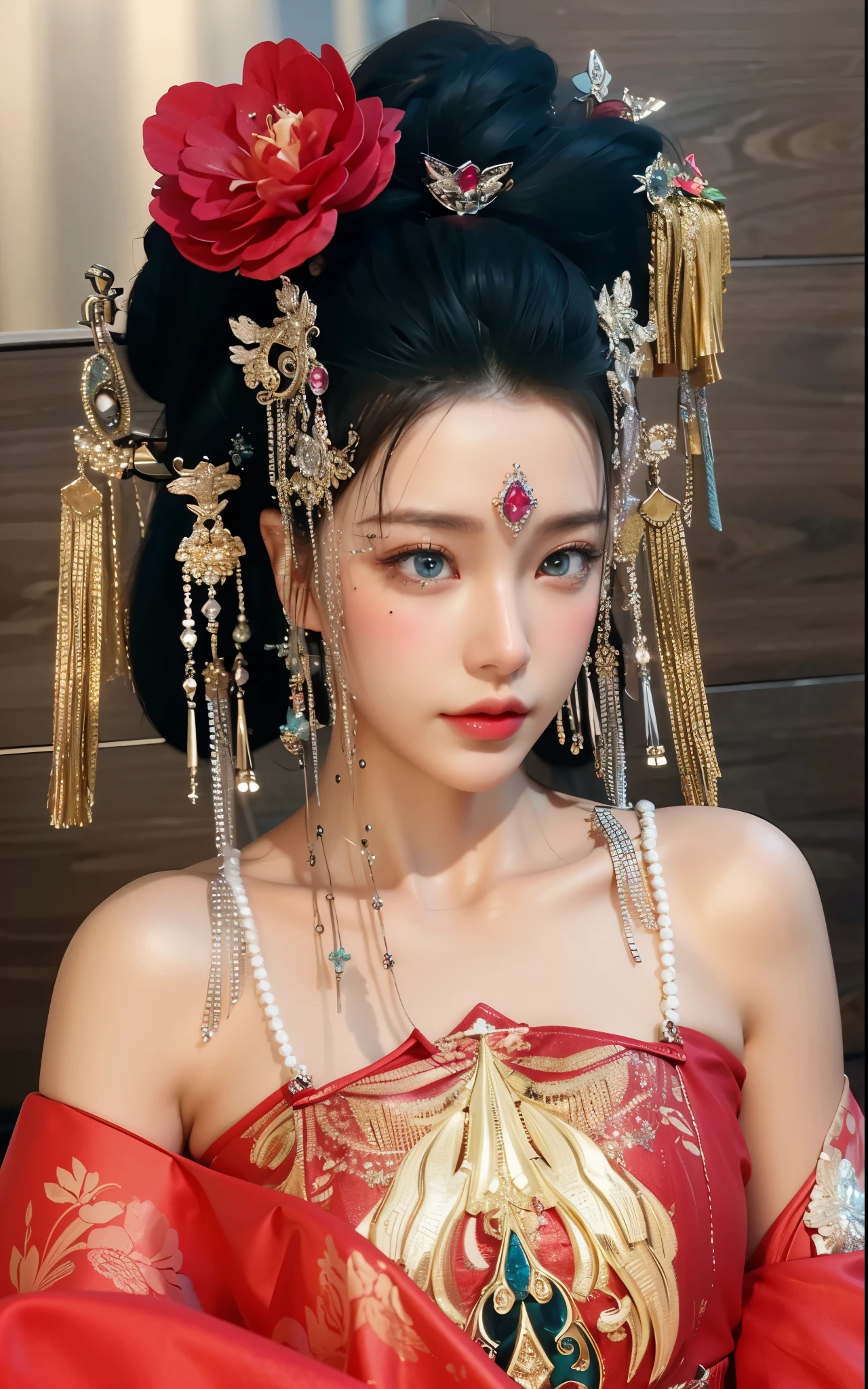 Game Art,Best image quality,Maximum resolution,8K,(A bust photo),(portrait),(Head close-up),(Rule of Thirds),Unreal Engine 5 rendering works,20 year old girl,((Queen)),The eyes are very detailed,(Large Breasts),Elegance and nobility,Light,Light线追踪,Game CG,((3D Unreal Engine)),OC rendering reflection mode,4K,Ultra-clear,Sensual,Translucent lace,Fair and plump figure,Pretty Face,Light泽凝胶涂层,身着华贵礼服的Queen,Crystal Gem Crown,Necklace jewelry,blue eyes,The tattoo is very three-dimensional,Gorgeous and intricate tattoo designs,Ultra-clear portrait,Sexy body,Temple Princess,Sapphire eyes,Fine gold and diamond jewellery,Luxurious Chinese wedding dress,Empress Wu Zetian
