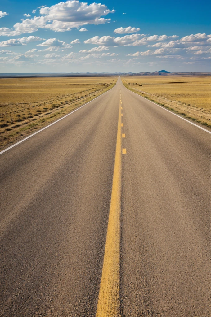 straight road, mid afternoon, steppe landscape