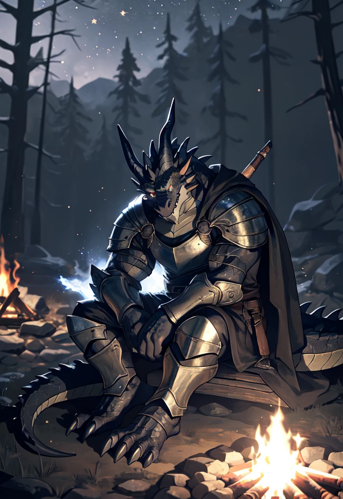 solo, kemono, (dragon), anthro, male, ((black body)), scales, tail, muscles, handsome, armor, medieval, fantasy, outdoors, outside, dark, night, forest, campfire, camp, stars, sitting, toe claws, epic, depth of field, perfect lighting, (light particles),(best quality),(masterpiece),(ultra detailed),sharp focus,light particles