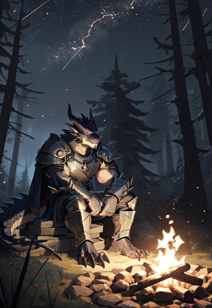 solo, kemono, (dragon), anthro, male, ((black body)), scales, tail, muscles, handsome, armor, medieval, fantasy, outdoors, outside, dark, night, forest, campfire, camp, stars, sitting, toe claws, epic, depth of field, perfect lighting, (light particles),(best quality),(masterpiece),(ultra detailed),sharp focus,light particles