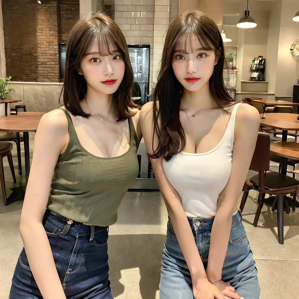 (realisitic、hight resolution:1.3)、1 girl with a perfect figure、Super thin face and eyes、shorth hair、Tank Tops:1 in random color.2、Short jeans、in a cafe、coffee on table、Colossal tits、Exposed cleavage