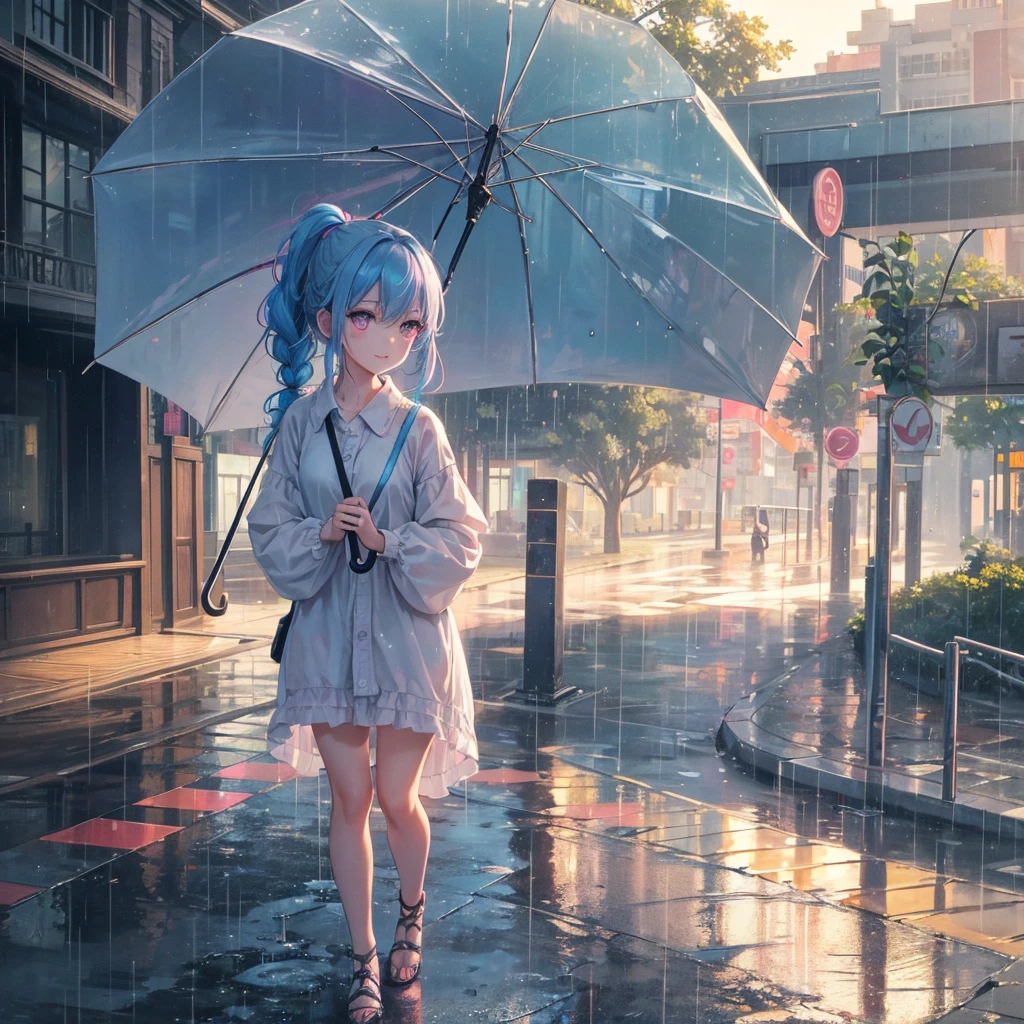 sky Blue hair, (braided ponytail),(pink eyes),fair skin ,(full body),(1 girl),smile,Straight Bangs,rainy,(masterpiece, best quality, ultra-detailed, best shadow), (detailed background), (beautiful detailed face), high contrast, (best illumination, an extremely delicate and beautiful), ((cinematic light)), colorful, hyper detail, dramatic light, intricate details,Walking in the rain with an umbrella,noon,colorful umbrella,bright, Raindrops, sun shower,