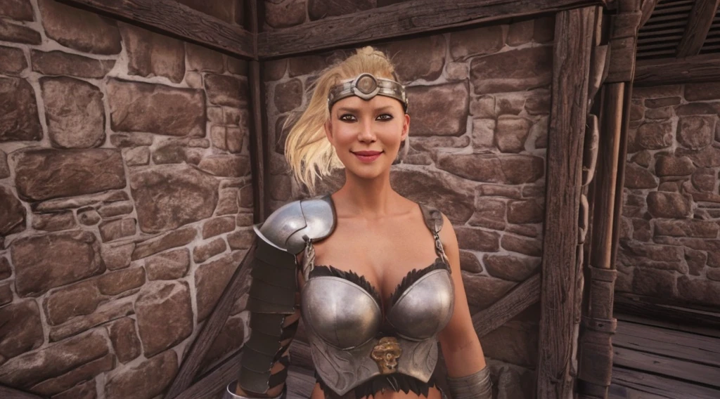 A Beautiful blonde barbarian woman smiling and posing seductively