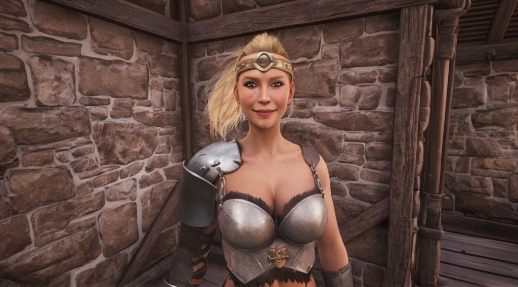 A Beautiful blonde barbarian woman smiling and posing seductively