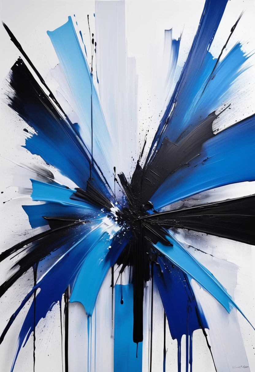 Full of art,Bright paint painting,Blue on white background、Black oil painting, 现代Minimalism。artwork,Show love for life,Large brush feel,Gradient,,( ( Brush Strokes ) ), ( ( Abstract ) ), ( Brush Strokes ), Inspired by Hans Hartung, inspired by:Franz Kline, , Oil painting feeling, Minimalism, Blue and black