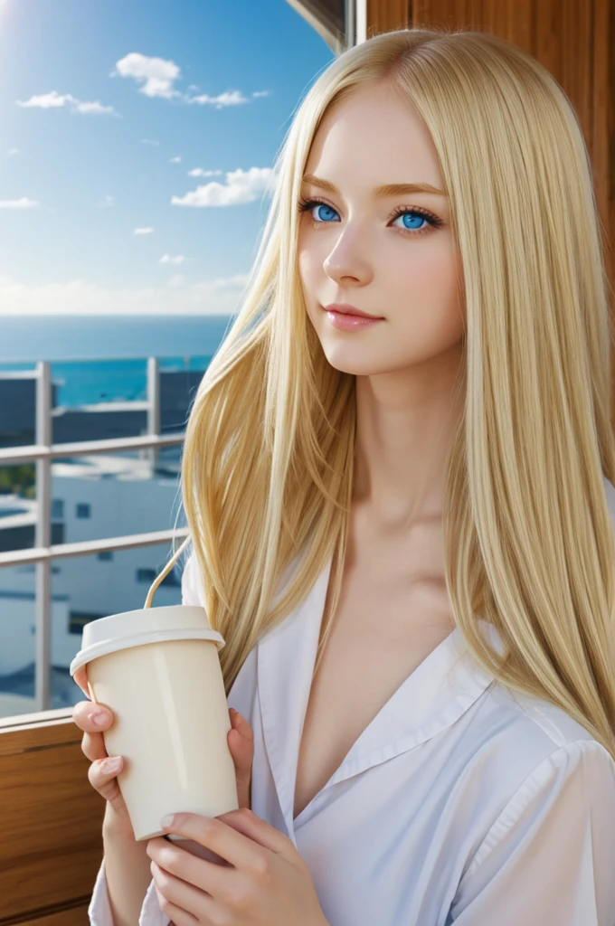 Anime female, pale skin, sky blue eyes, long light blonde hair, sipping coffee