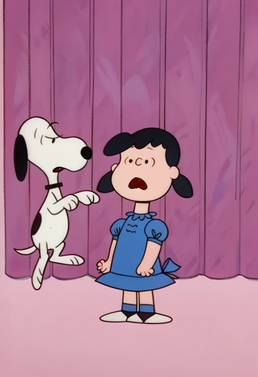 PeanutsStyle, traditional media, retro artstyle, 2D, round heads, 1girl, dog, blue dress, black hair, curtains, pink background, open mouth, short twintails, standing