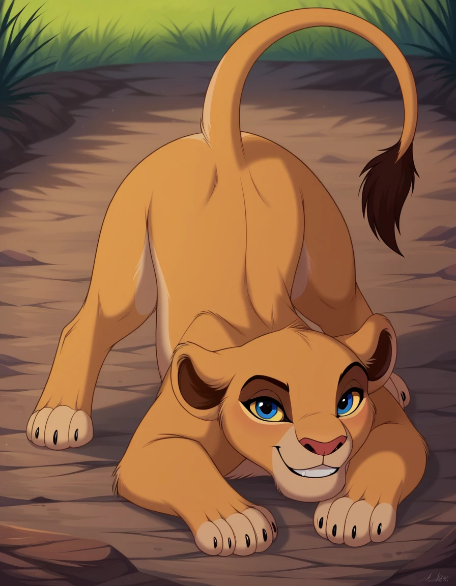 score_9, score_8_up, score_7_up, score_6_up,  source_furry, disney, (the lion king:1.2), lioness, (adult nala), nala, ((Jack-O pose)), solo, cute, feral, (4 toes), paws, (blue eyes:1.2), (lidded eyes:1.0), cub, (smile:0.3), open mouth, fang, white teeth, playful, looking at viewer, (dewclaw:0.5), bedroom eyes, raised tail, solo, three-quarter view, back view