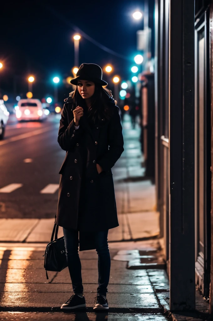 Woman waiting for her boyfriend on the street at night