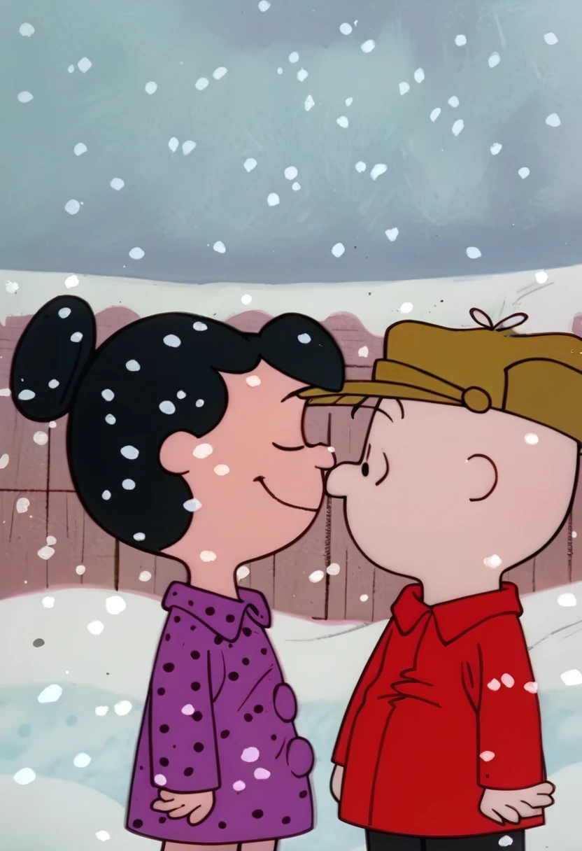 score_9, score_8_up, score_7_up, zPDXL, PeanutsStyle, traditional media, retro artstyle, 2D, round heads, snowing, 1girl, 1boy, hat, smile, black hair, looking at another, snow, purple pajamas, red coat, single hair bun, closed eyes, upper body, brown headwear
