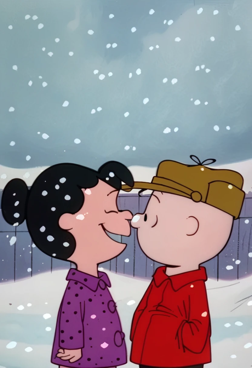score_9, score_8_up, score_7_up, zPDXL, PeanutsStyle, traditional media, retro artstyle, 2D, round heads, snowing, 1girl, 1boy, hat, smile, black hair, looking at another, snow, purple pajamas, red coat, single hair bun, closed eyes, upper body, brown headwear