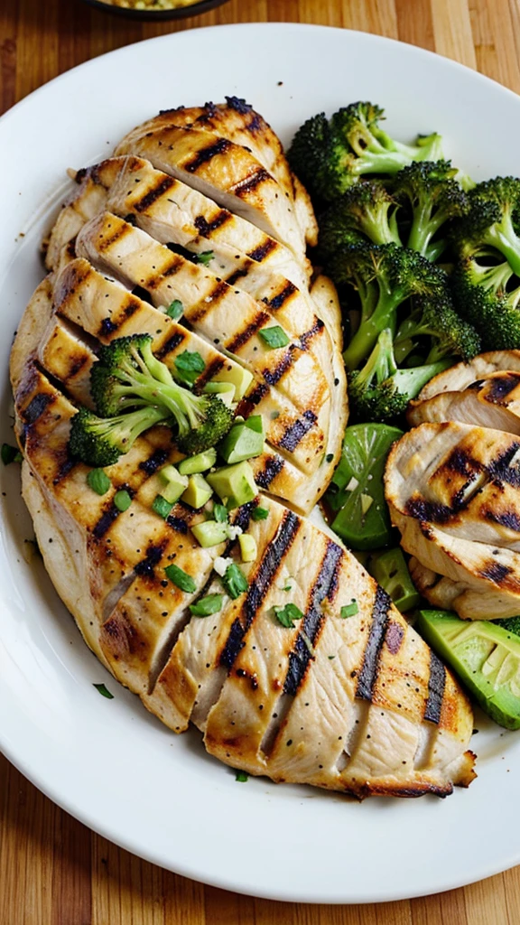Grilled chicken breast with a side of roasted broccoli and avocado slices