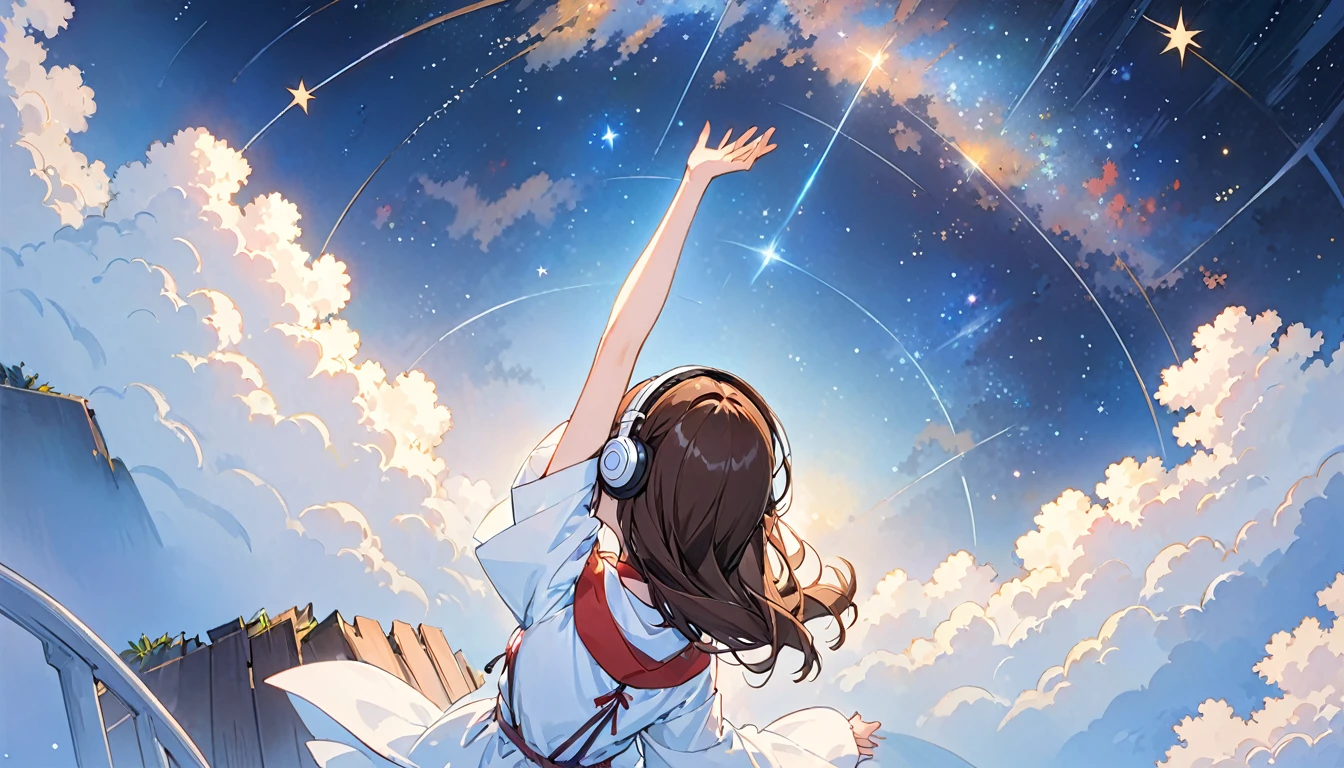Girl wearing headphones,Reaching out towards the starry sky,Top view,Brown Hair,One girl,relax,The background is night,