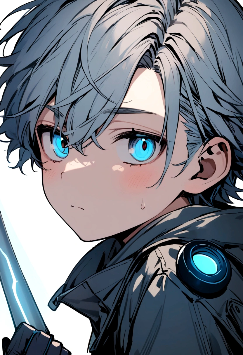 A boy with an electric light blue eye color and one gray eye