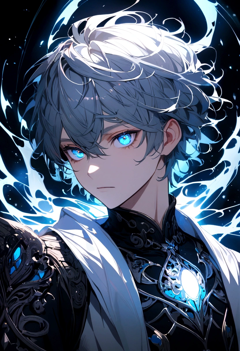 A boy with an electric light blue eye color and one gray eye