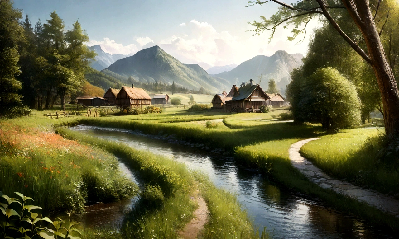 (Highest quality,4K,8K,High resolution,masterpiece:1.2),Super detailed,(Realistic,photoRealistic,photo-Realistic:1.37),Rural landscape,peaceful,Calm,Vibrant colors,Natural light,Gentle hills,Flowing River,tall green tree々,Lush steppe,Clear blue sky,Breeze,Country Road,Blooming wildflowers,Quiet atmosphere,Quiet Solitude,Harmony with Nature,fresh air,Rustic charm,Sunlit field,Farmland,Wooden fence,peaceful village,Distant Mountain々,artistically captured landscape,beautiful and idyllic scenery,Picturesque landscapes,Zoom in on the beauty of nature,Enchanting countryside,Serenity in simplicity,enchanting countryside,Immersive and awe-inspiring views,Soothed by the tranquility of the scenery